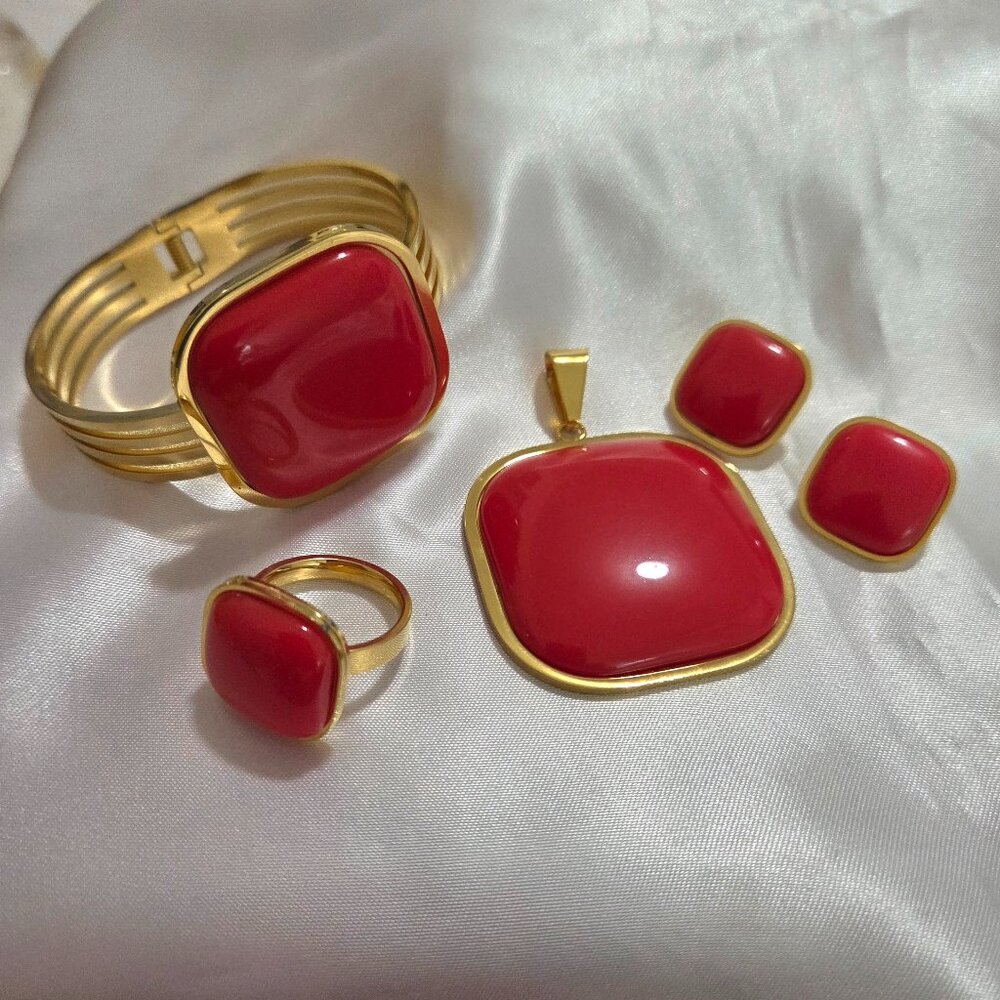 Stainless Steel Red and Gold Tone Bracelet Earrings Ring and Charm